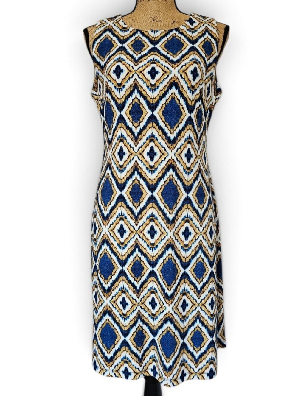 Tommy Hilfiger Blue & Cream Geometric Midi Sleeveless Office Shift Dress, Size 6